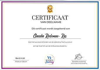 certificaat - bewijs van deelname va business academy  - VA in Business