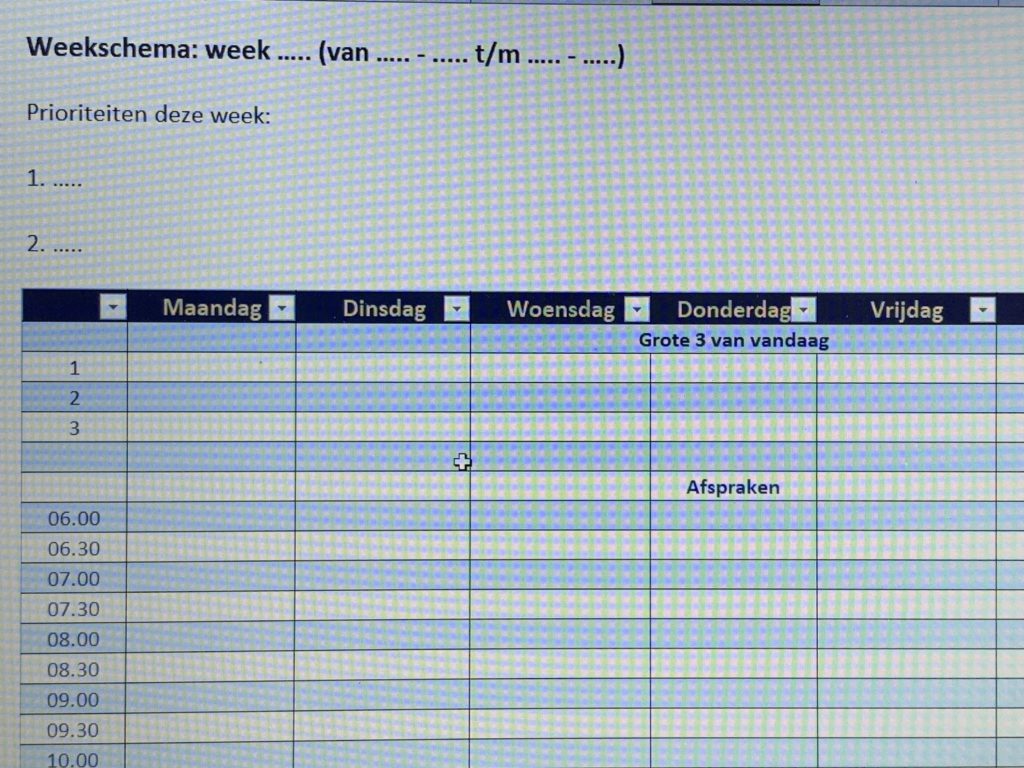 weekschema - va-in-business - Nieuwkoop - tijdsmanagement - timemanagement 